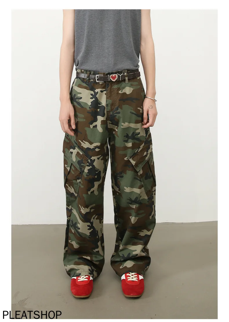 

New American Retro Camouflage Overalls Men's Silhouette Loose Straight Leg Casual Pants