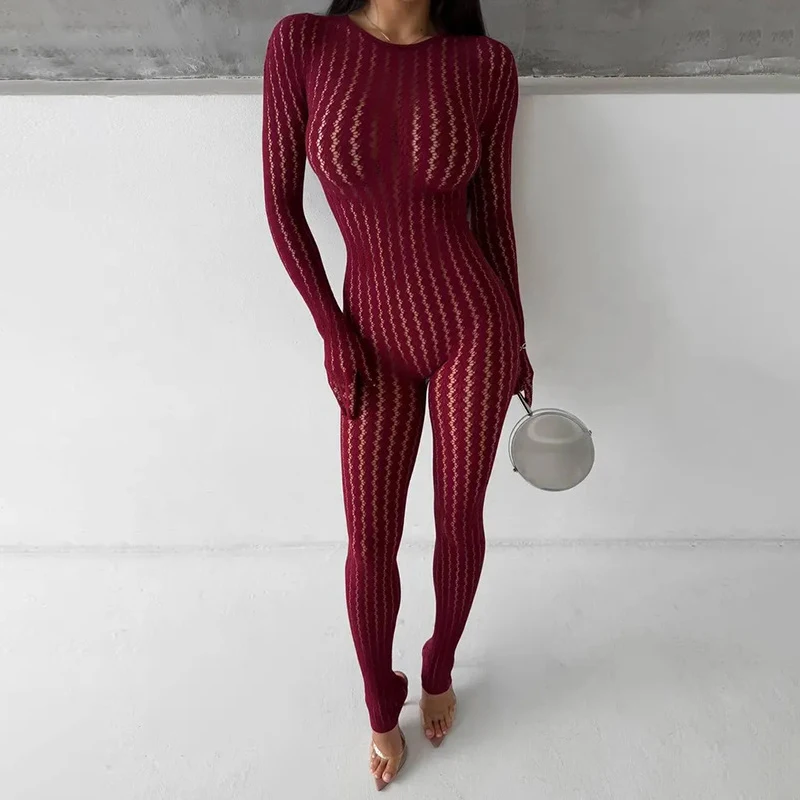 Sexy Perspective Lace Tight Jumpsuit Autumn Vintage Solid Color Wrap Hip Bottom Bodysuit Casual O Neck Hollow Long Pants Romper