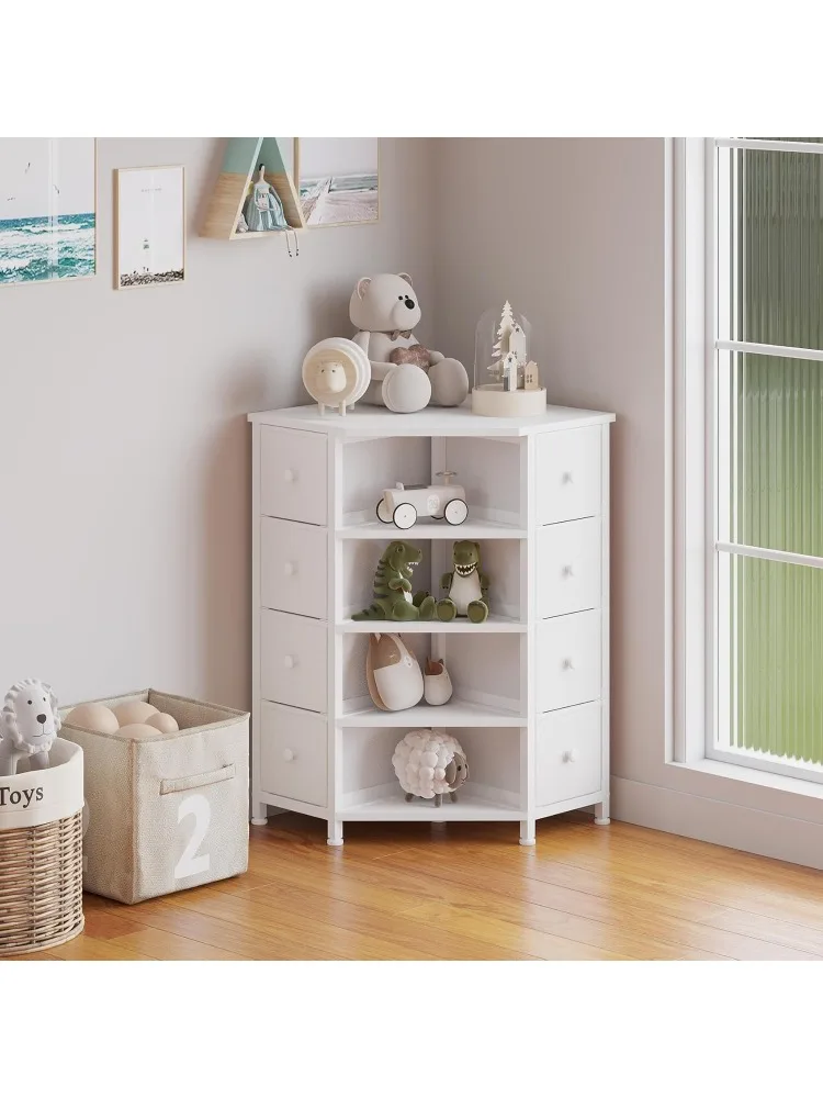 8 Drawers Corner Dresser with Storage Fabric Drawers and Open Shelves for Small Space，Bedroom，Entryway，Living Room(White)