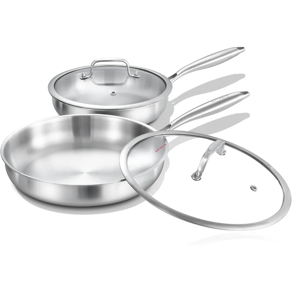 

Tri-ply Stainless Steel Frying Pan Set with Lid 8"12" Induction large Skillets Chef's Pan,Pots and Pans Set Kitchen Cookware Se