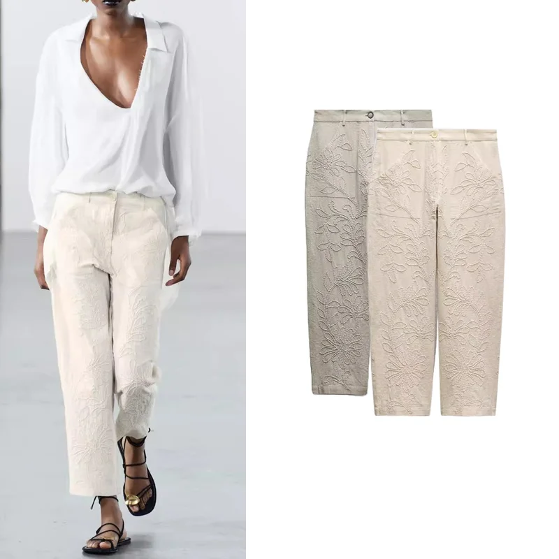 

Универсальные широкие брюки из смесовых тканей с вышивкой для весеннего повседневного образа, комфортные, длинные, из полиэфирного волокна