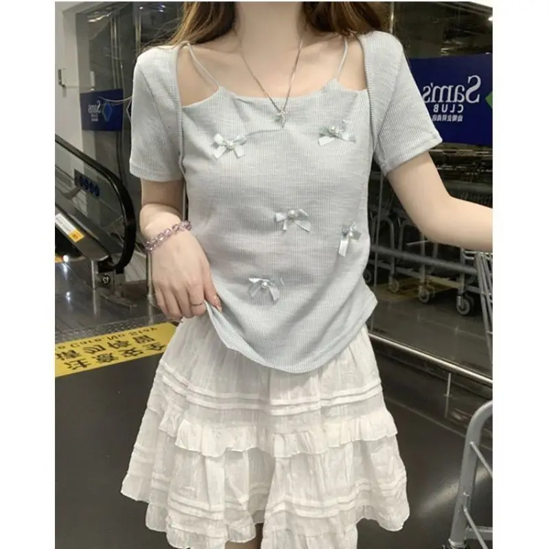 Women Summer Fashion Slim Sexy Diamonds Solid Color Appear Thin Skew Collar Short Sleeve T-Shirt Women Clothes Casual Sweet Tops