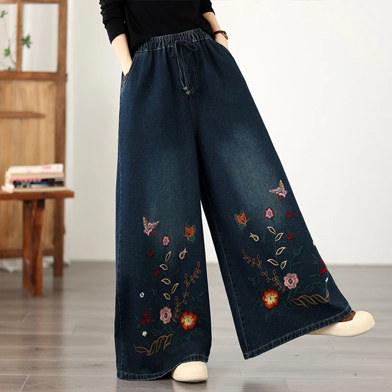 Fall Soft Denim Retro Heavy Embroidery Elastic Waist Versatile Casual plus Size Wide Leg Pants High Waist Embroidered Loose Fit