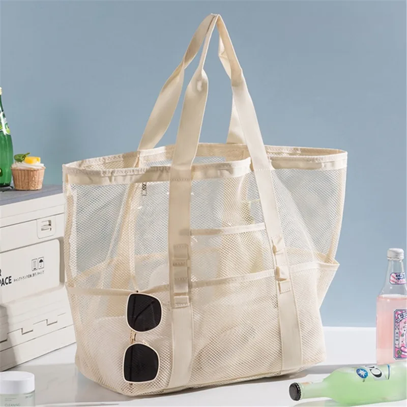 1pcs Black Lightweight Foldable Mesh Beach Bag Breathable See-through Design Travel Swim Toy Toiletry Storage Hand Tote Bag
