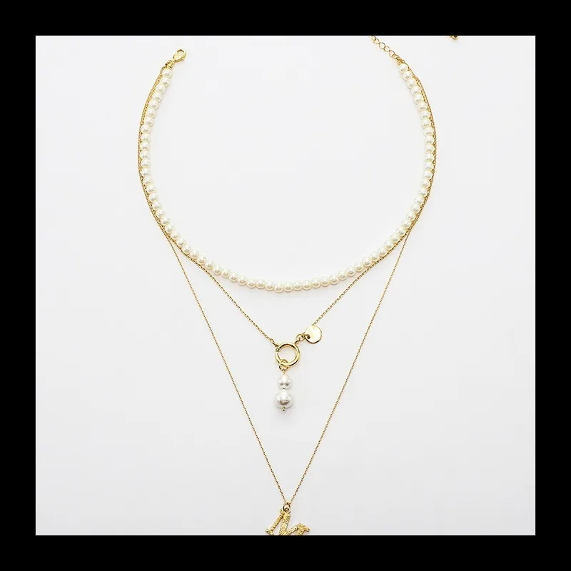 الذهب معدن متعدد الطبقات مكدسة اللؤلؤ المختنق قلادة الزخرفية نمط إلكتروني قلادة الإناث #2