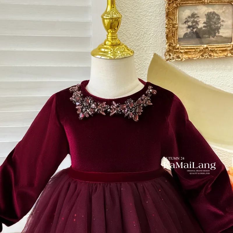 Girls Dress 2024 Autumn New Red Velvet Baby Girl Birthday Party Dress Crystal Elegant Princess Dress