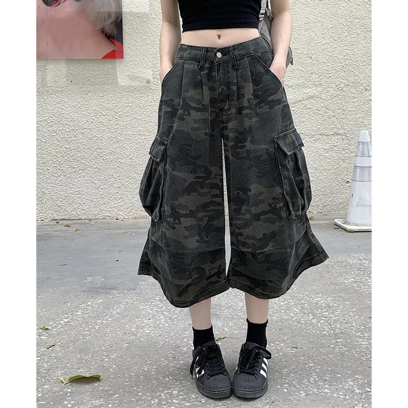 Lady Retro Fashion Baggy Capri Jeans Female High Waist Thin Denim Pants Girls Fashion Camouflage Straight Leg Trousers