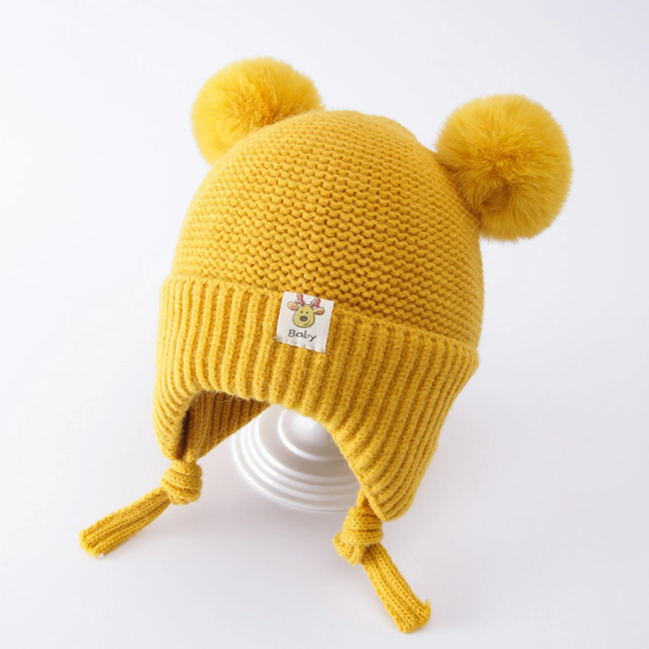 

Зимняя детская защитная шапка для ушей, милая шапка с двойным помпоном, вязаная шерстяная шапка для мальчиков и девочек от 6 до 24 месяцев, утепленные детские шапки-наушники