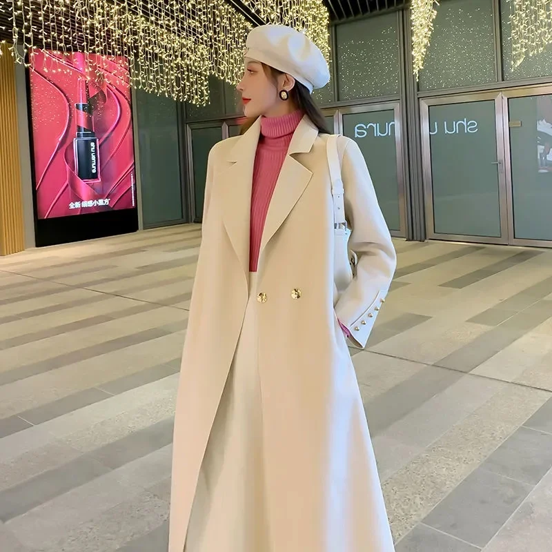 Office Lady Woolen Jackets 2025 Autumn And Winter Elegant All-Match Lace Up Loose Long Women's 100% Wool Coats