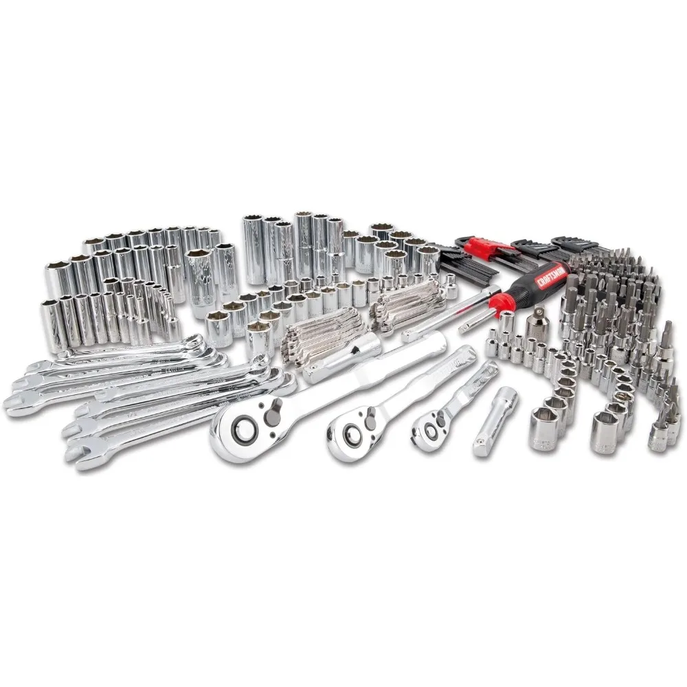 مجموعة أدوات ميكانيكية كاملة مكونة من 26 قطعة مع صندوق تخزين قابل للتكديس بثلاثة أدراج، بما في ذلك SAE والمقابس المترية وسلك المجموعة