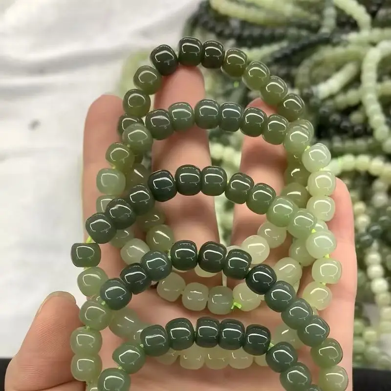 Natural Hetian Jade Qinghai Material Gradient Old-Style Bead Bracelet, Fashionable And Versatile