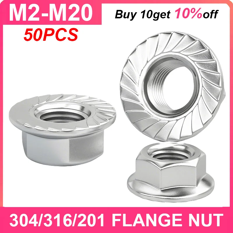 

Hexagon Flange Nuts M2.5 M3 M4 M5 M6 M8 M10 M12 M16 M20 304/316/201 Stainless Steel Hex Metric Locknut Serrated Spinlock Nut