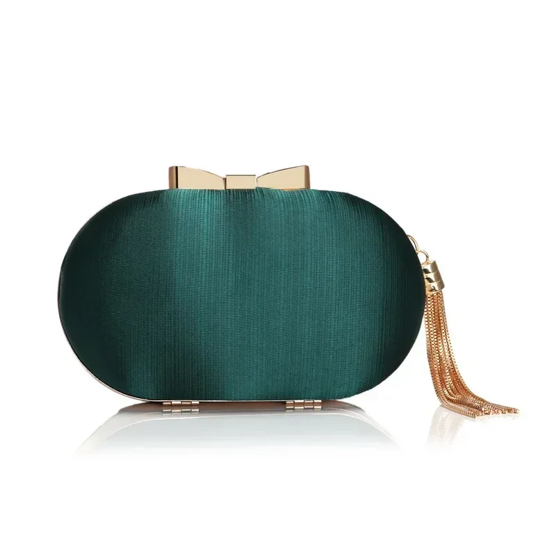 Emerald Tassels Evening Bag Women Elegant Cocktail Party Clutch Purse Solid Color Gold Metal Frame Woven Sac À Main Mariage