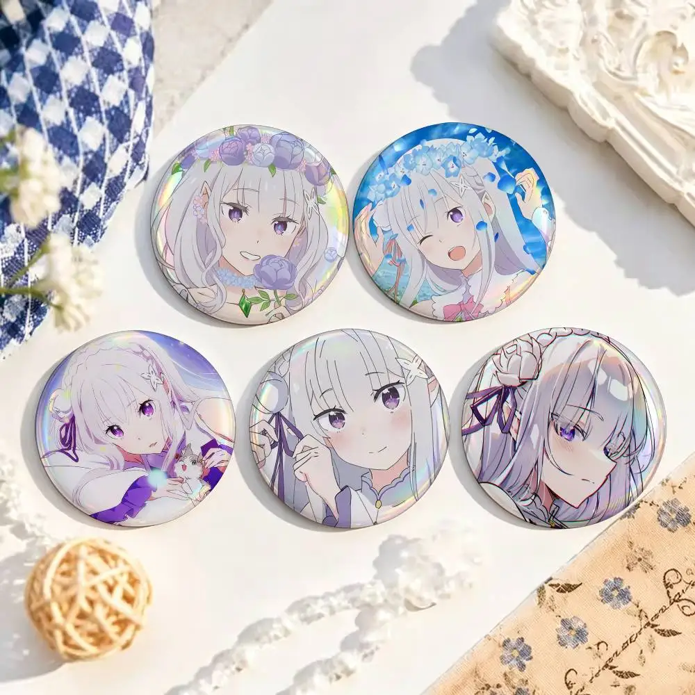 Popular Anime Re Zero Emilia  Enamel Pin Tinplate Round Brooch Cosplay Nijigen Otaku Culture Badge 25mm 32mm 44mm 58mm