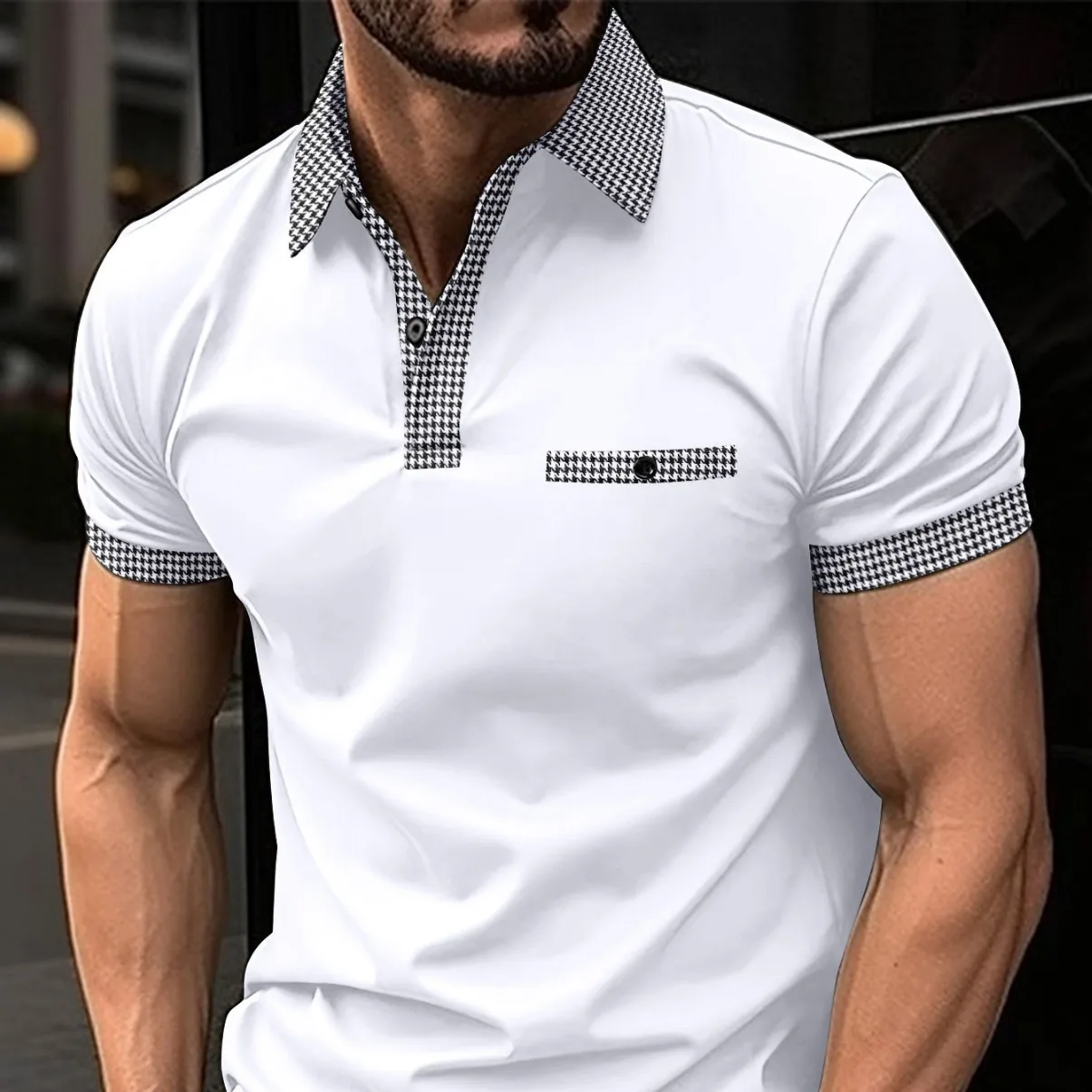 Summer Men's POLO Shirt False Pocket Lapel Button Casual Comfortable Slim Fit Patchwork Color Checkered Sports Short-Sleeved Top