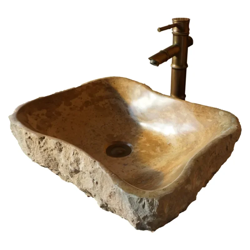 Natural Yellow Marble Full Cut Stone Sink Double Vanity Wash Basin for Hotel Farm Bathroom