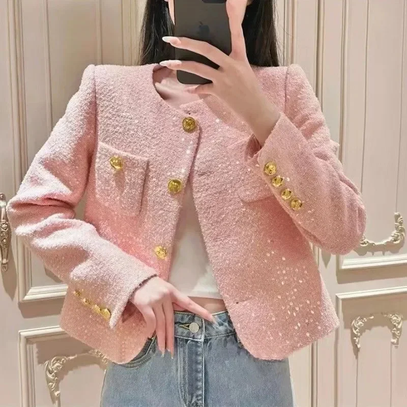Pop Pop High End Small Fragrant Pink Women's Short Jacket Women's 2025 New Popular Spring And Autumn Coarse Woolen Jacket Female