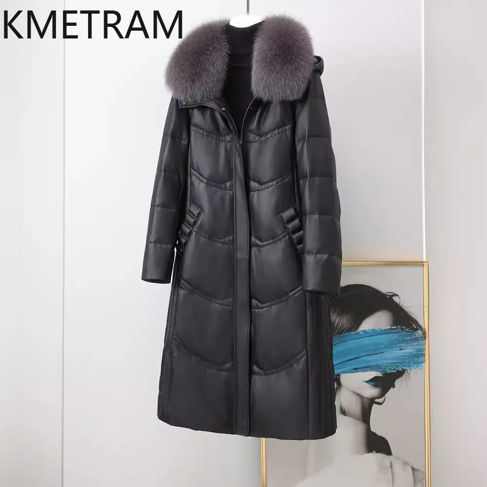 100% 양털 다운 코트 여성 블랙 정품 가죽 롱 푸퍼 재킷 후드 여우털 칼라 2025 겨울 의류 여성
