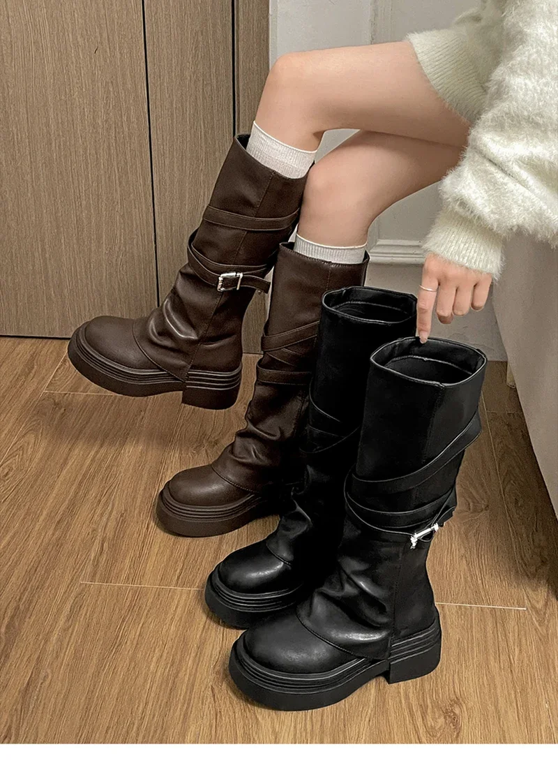 Vintage Damenstiefel mit Dickem Absatz, Modische Slip-On Kniestiefel für Herbst und Winter, Zapatos De Mujer – Detail 2