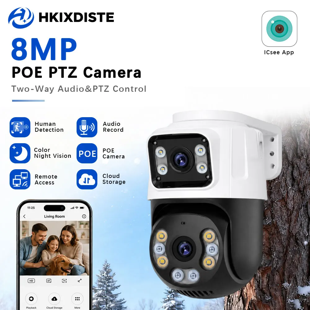 Dual Lens PTZ POE IP Camera 4K 8MP Outdoor Home Video Security Surveillance AI Motion Detection CCTV Support Onvif XMEye ICSee