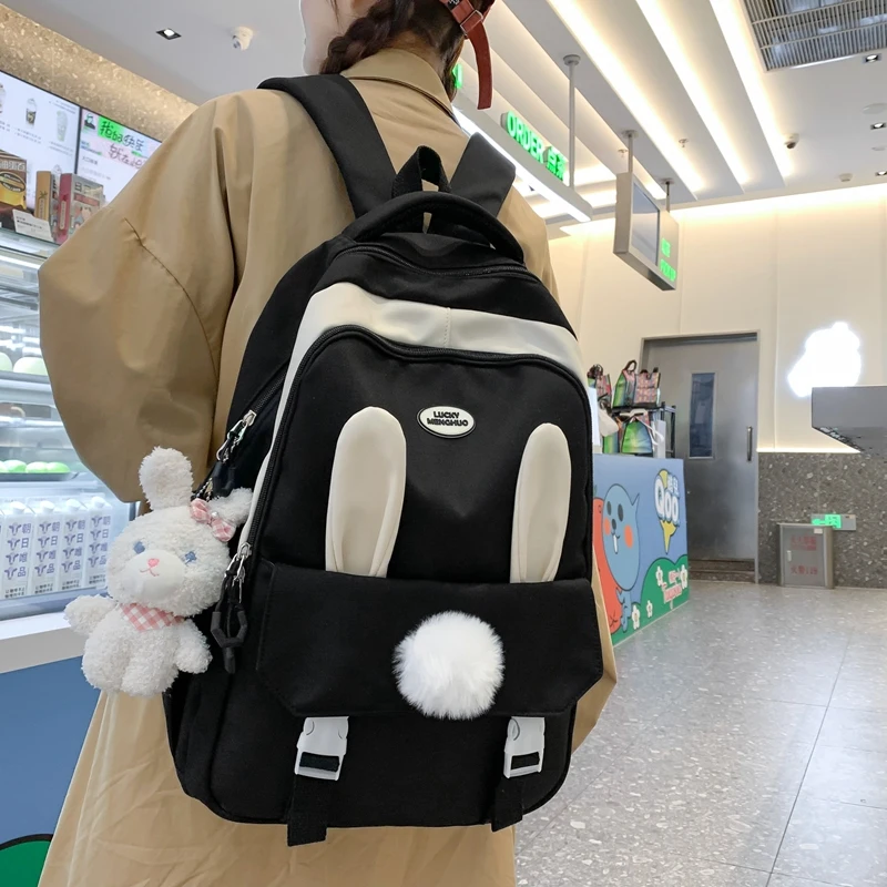 Cute Rabbit Young Girl School Backpack Female Large Capacity Kawaii Back Pack Mochila Pink Women Bagpack Nylon Cartoon Schoolbag