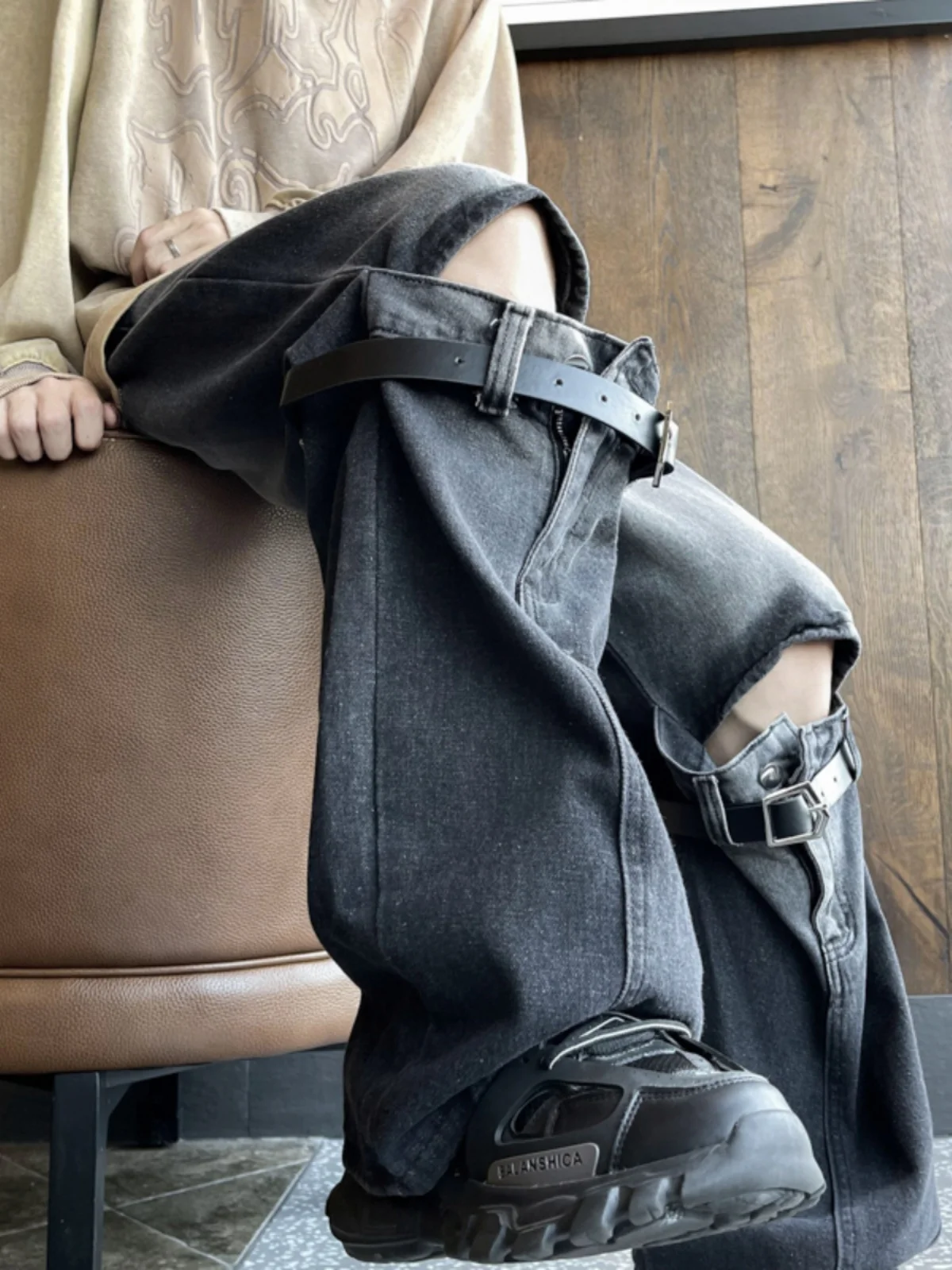 

Гонконг Sle, мужские джинсовые джинсы в стиле хип-хоп, винтажные широкие длинные брюки с поясом, модный бренд