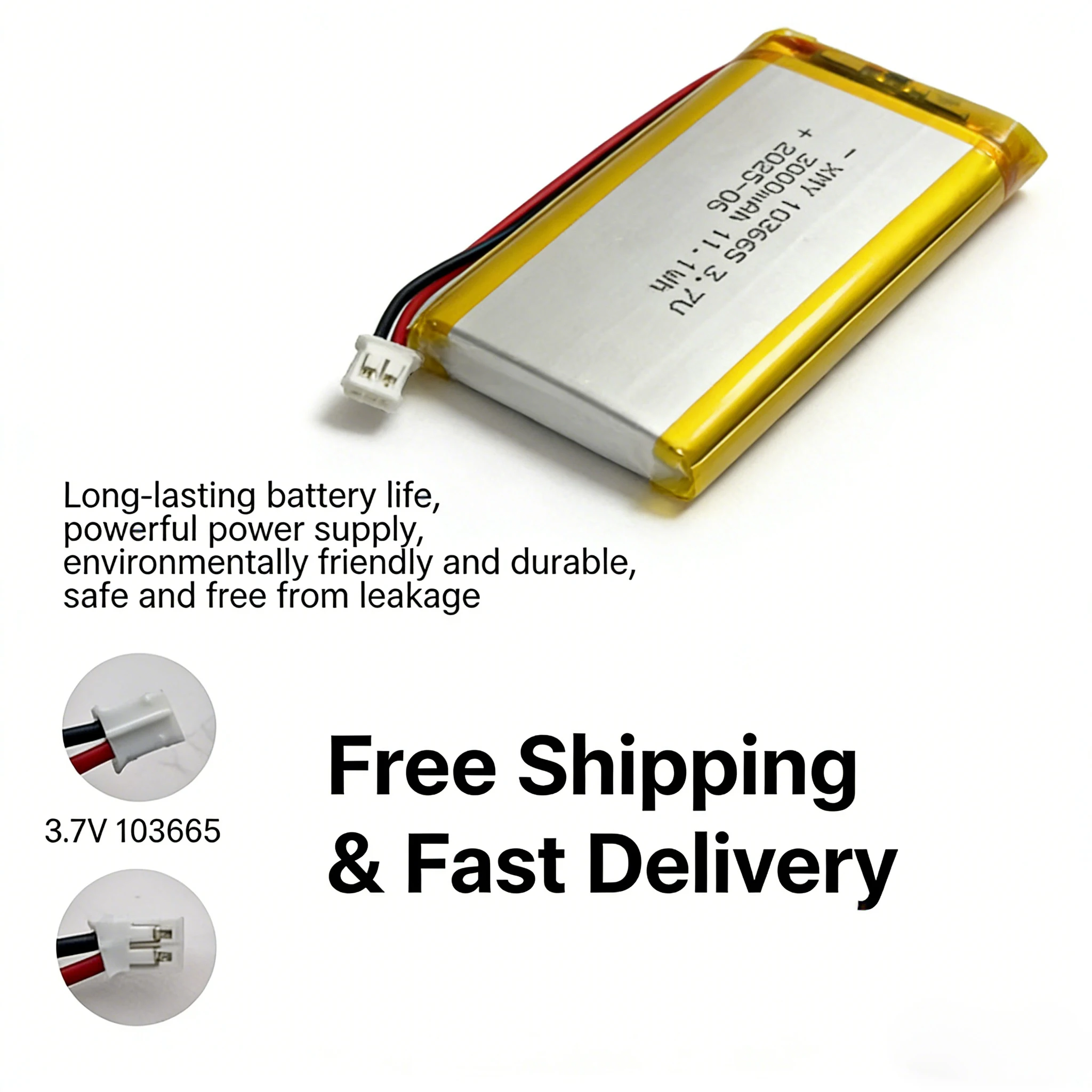 

103665 3.7V 3000mAh Rechargeable Lipo Battery Polymer Lithium Cell for Dash Cam LED Light Beauty Equipment Small Appliances