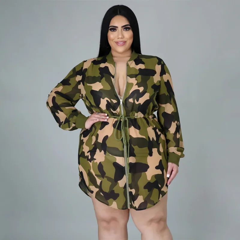 KEXU Camouflage Print Women Plus Size Dress Full Sleeve Zipper Spring Short Party Dresses Fashion Casual Street Outfit