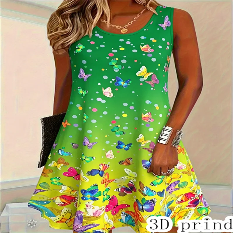 Summer Women's Sleeveless Dress Sweet Bufferfly Pattern Print Loose Casual Tank Dress Beach Sundress
