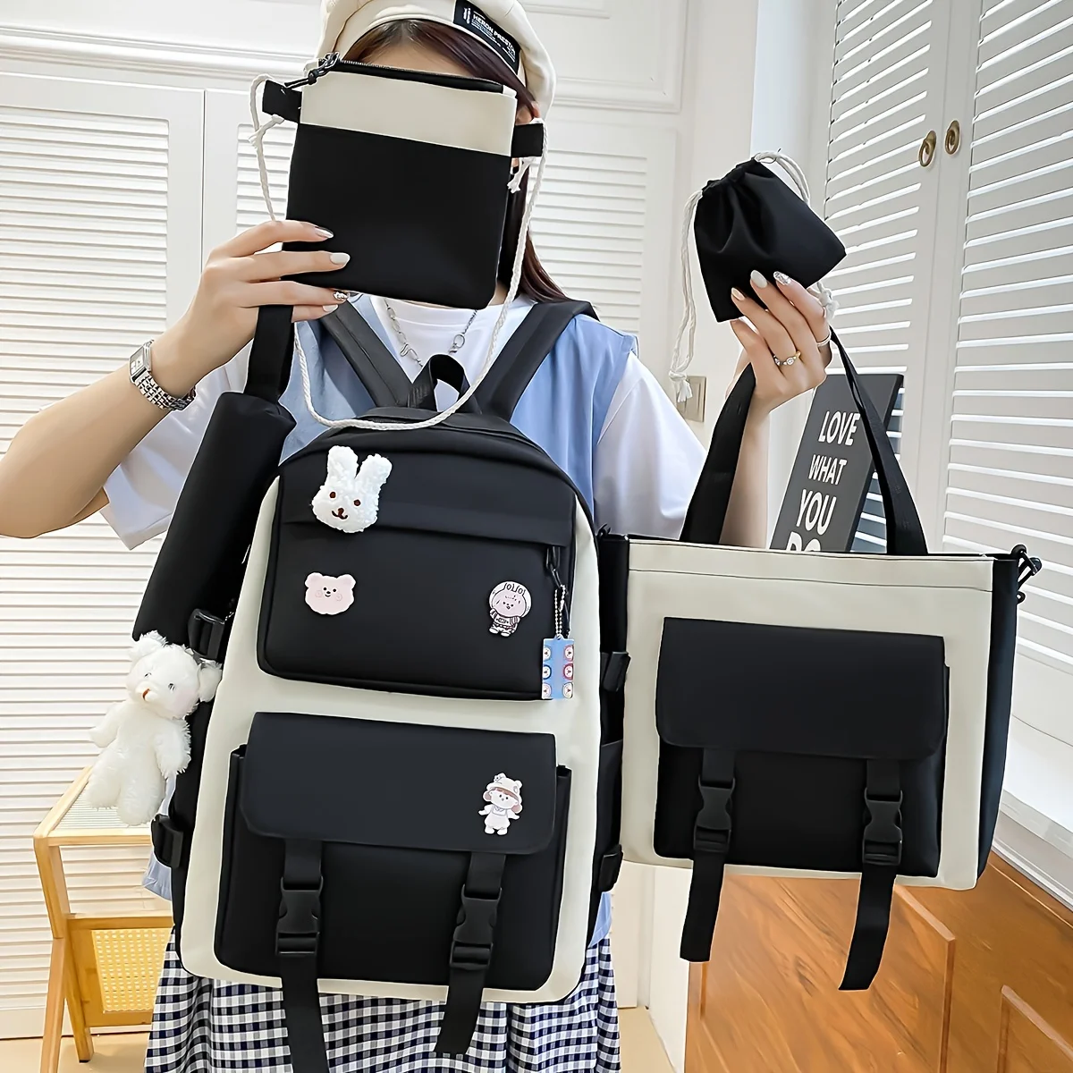 Five-piece set of casual backpacks, japanese style ins, simple and versatile college student schoolbags, female high school students, junior high