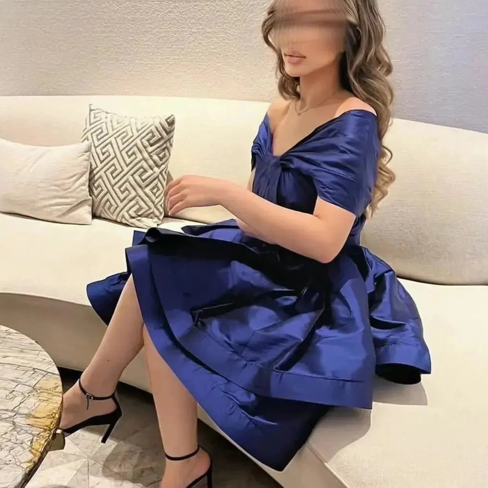 

Carolina Off-Shoulder Blue Evening Dresses Women Saudi Arabia Satin A-Line Tiered Short Wedding Guest Elegant Formal Party Gowns