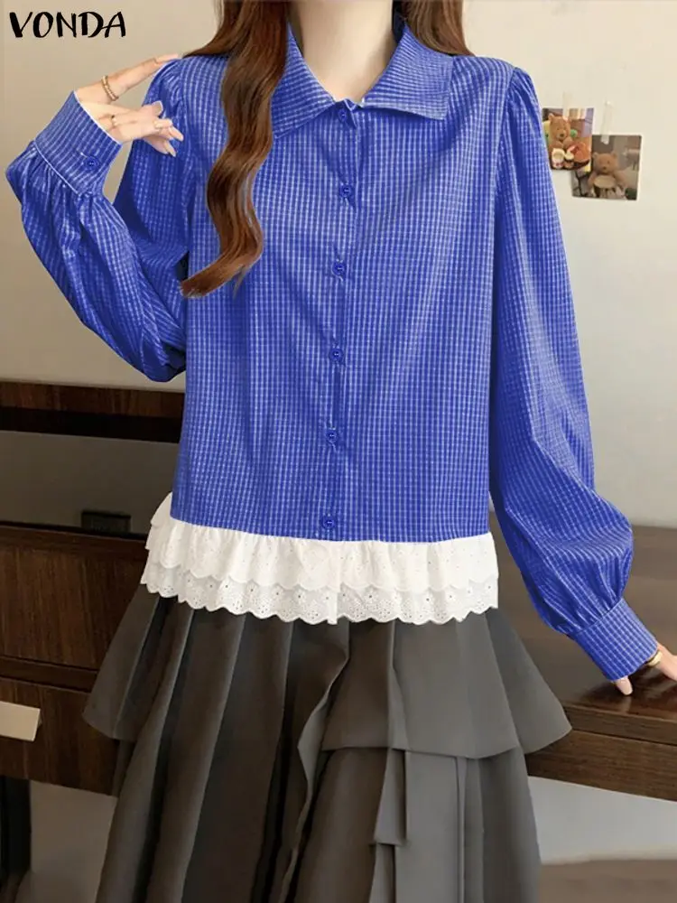 Vonda Elegante Lange Mouwen Damesmode Geruite Blouse 2025, Herfst Kant Patchwork Knop Stijlvolle Koreaanse Tops Tuniek Blusas