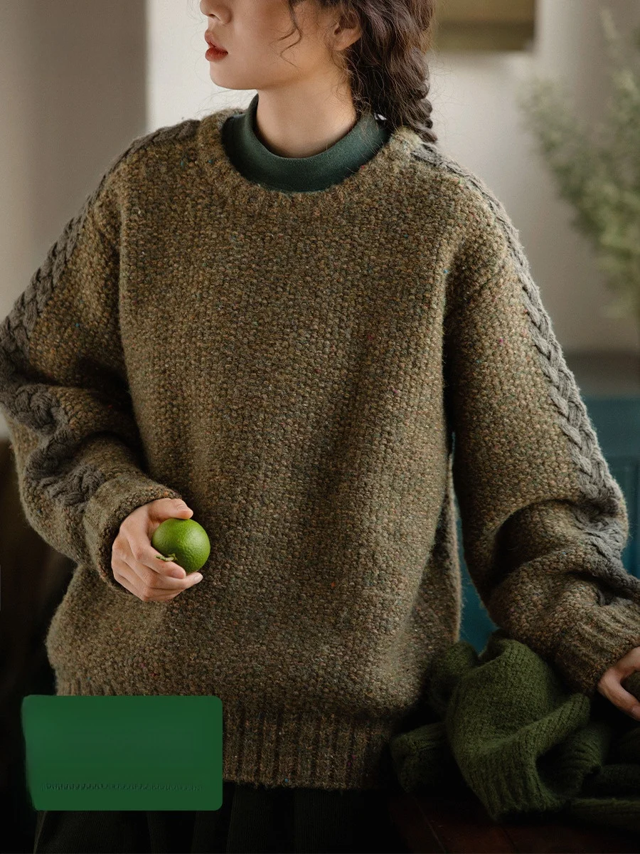 

Loose Fit Oversized Wool Blend Long Sve round Ne Pullover Sweater Women's Autumn Winter Vintage Sle Knitted Top