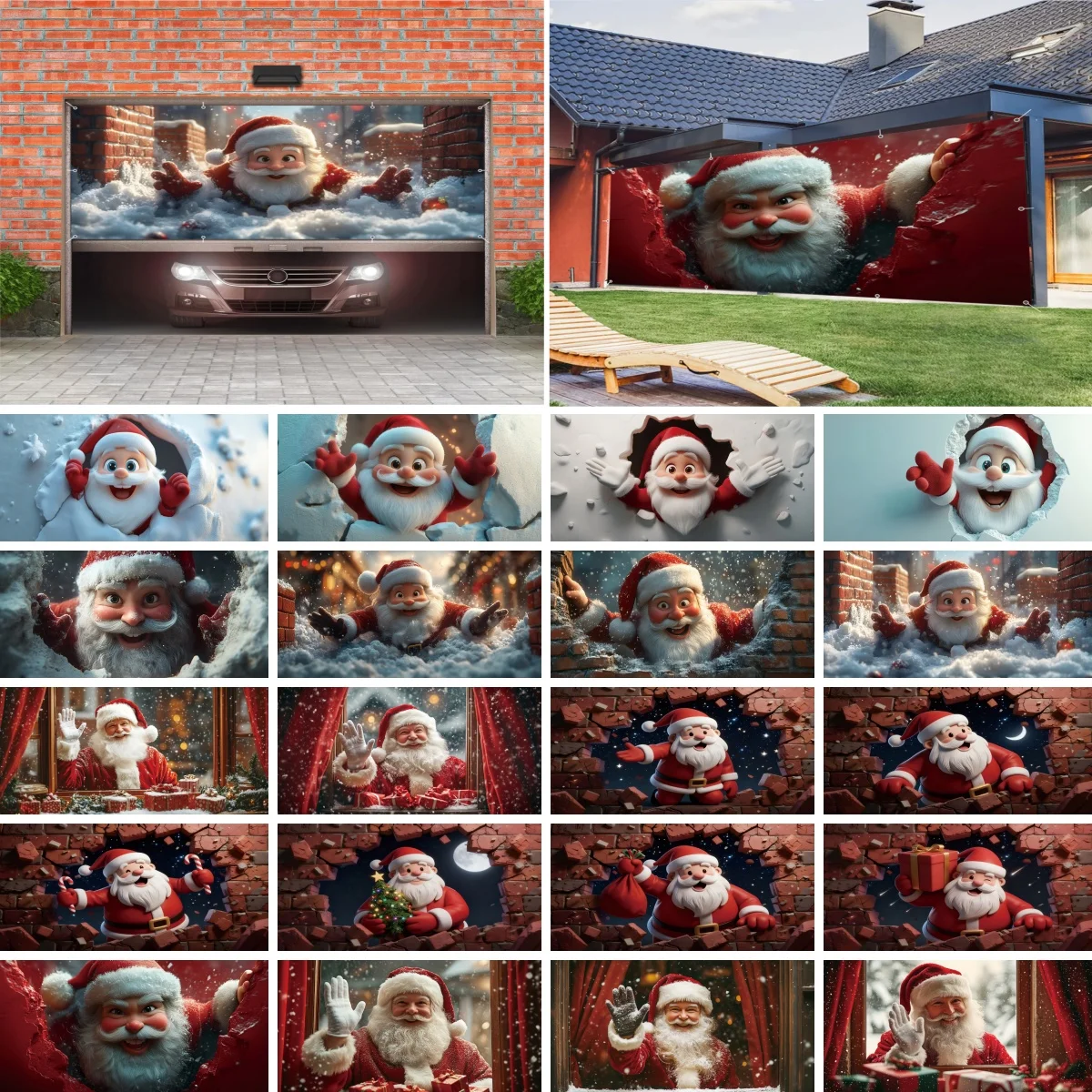 Santa Claus Garage Door Background Winter Snow Red Brick Wall Courtyard Decor Christmas Large Outdoor Garage Door Hanging Banner