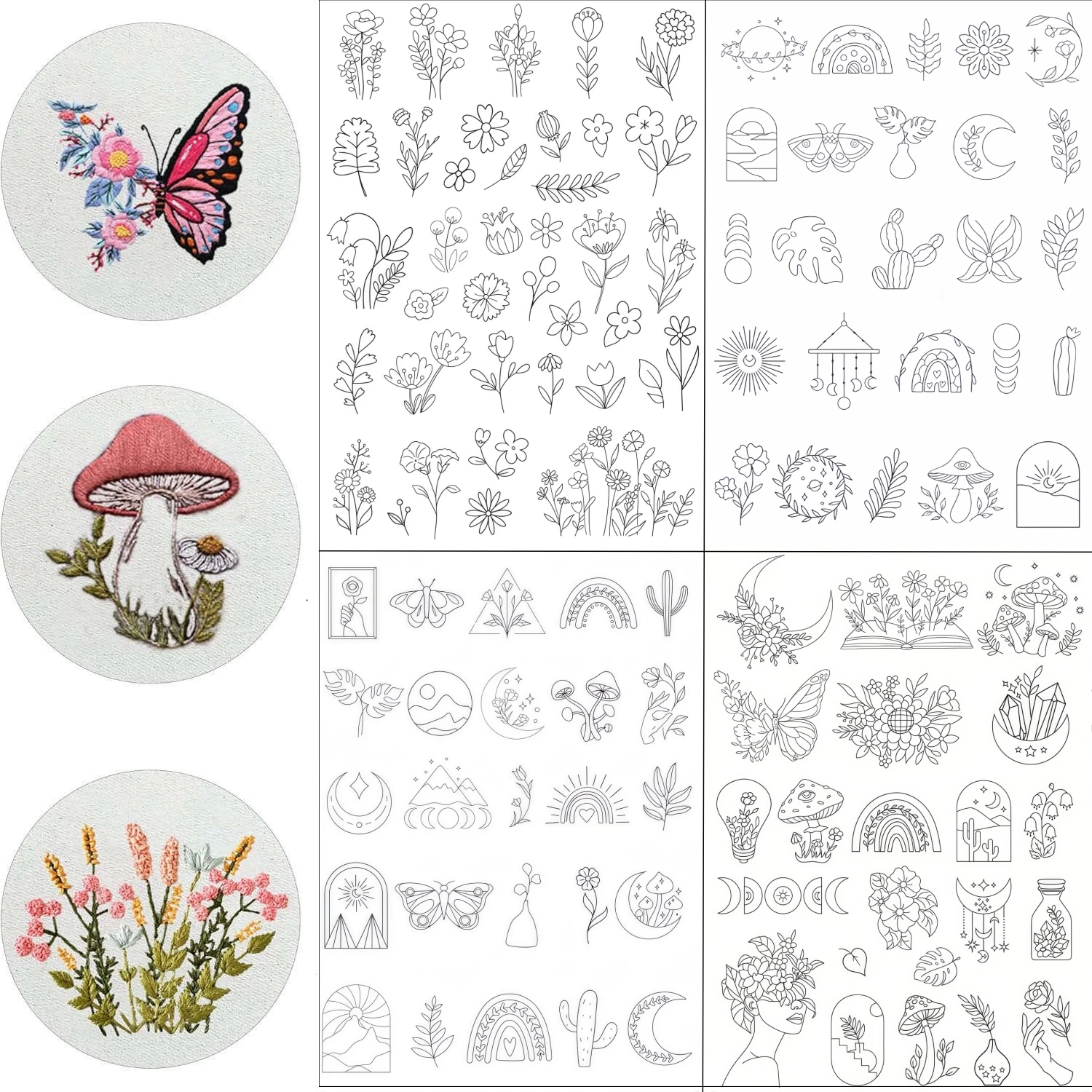 4-Sheet Water-Soluble Mushroom & Bouquet Embroidery Stabilizer - Self-Adhesive for DIY Sewing & Clothing