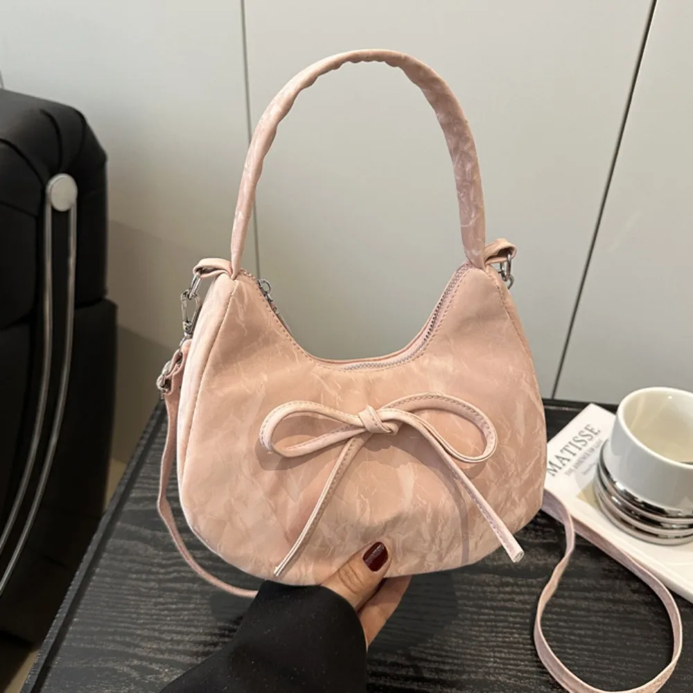 

Large Capacity Bow Shoulder Bag Solid Color Korean Style PU Hobo Bag Lace Pearl Pendant Handbag French Style Handbag Outdoor