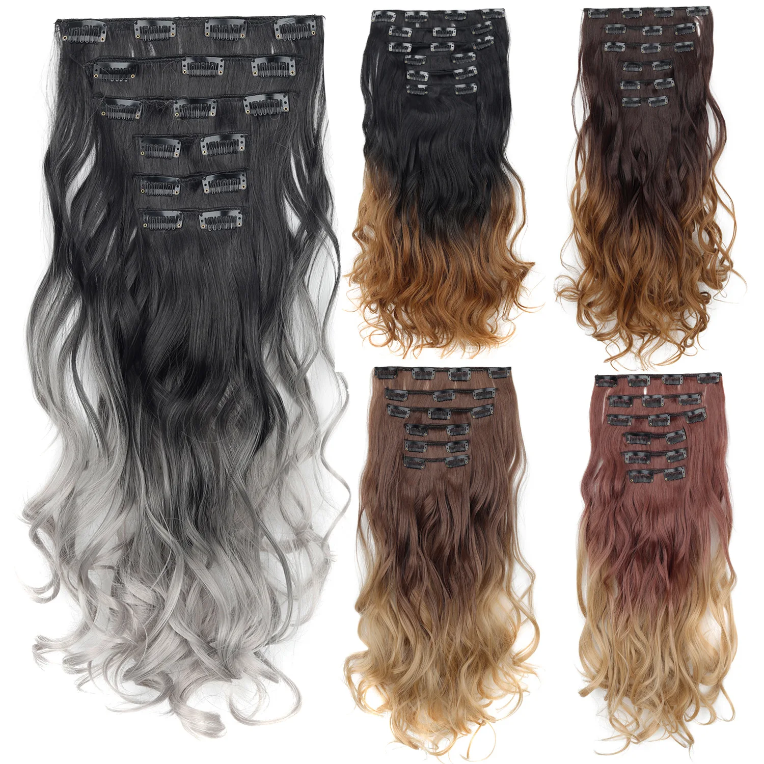 6PCS Set Hair Extensions Clip In Long Wavy Full Head Synthetic Brown Ombre Gradient Color Natural Look Soft For Women