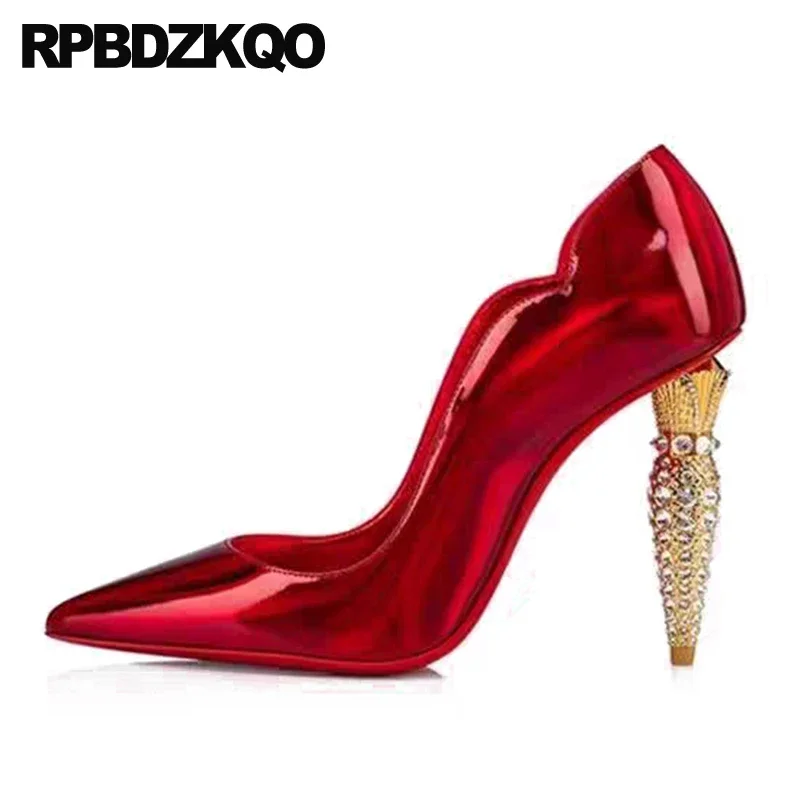 

High Heels Women Pumps Slip On Shoes Patent Leather Crystal Thin Metal Satin Pointed Toe Silk Jewel Rhinestone Plus Size Diamond