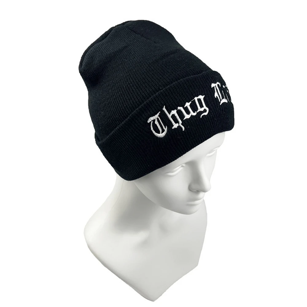 Autumn Winter Outdoor Flanged Cold Hat Thug Life Embroidered Knitted Hat Fashion Soft Elastic Beanie Cap for Man Women