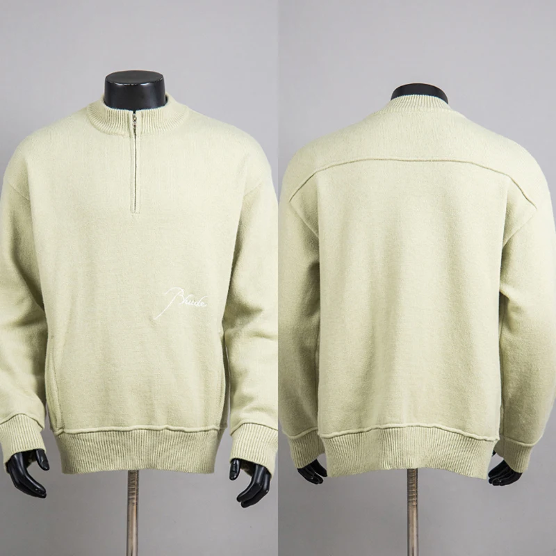 RHUDE Men Half Zip Mock Neck Sweater Signature Script Embroidery Knit Pullover