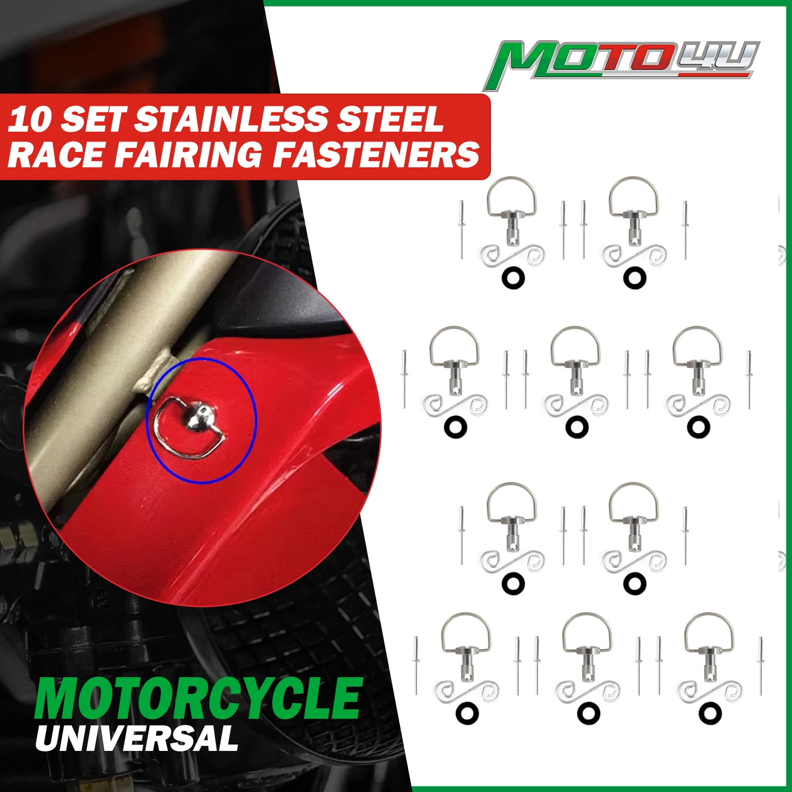 10 Set Stainless Steel Motorcycle Quick Release D-RING 1/4 Turn Race Fairing Fasteners Rivet 14mm Good Fixed
