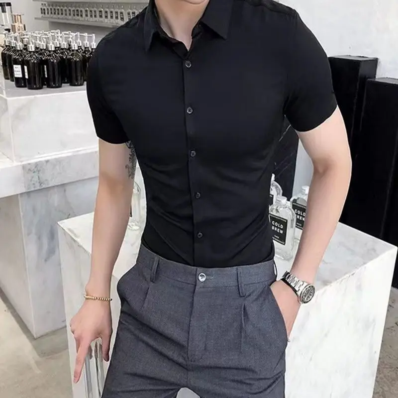 Korean Fashion Trend Casual Elastic Design Sense Short Sleeve Shirt Men\'s Solid Lapel Collar Button Breathable Simple Slim Tops