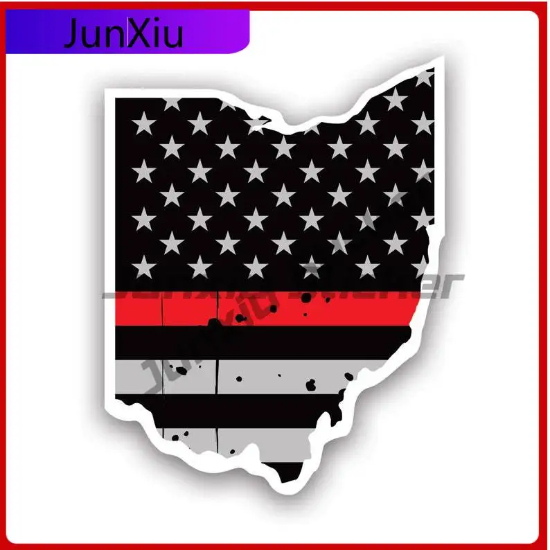

Distressed Thin Red Line Ohio State Shaped Subdued Us Flag Sticker Uv Protected Decals Fire Firefighter Safety Oh State Flag
