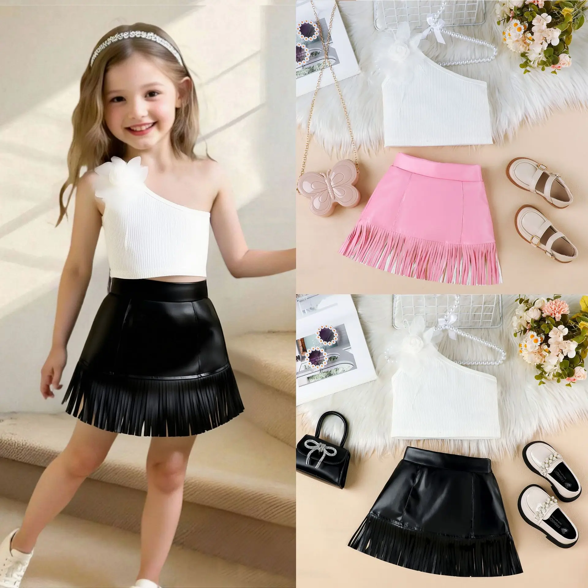 Girl Set European and American New Three-dimensional Flower Sloping Shoulder Vest Tassel PU Leather Short Skirt Two Piece Set