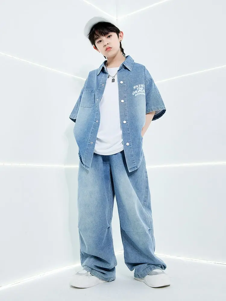 Denim Shirt Hip Hop Suit Children Jazz Performance Costumes Kids Ballroom Hip Hop Dance Festival Clothes Boys Street Wear