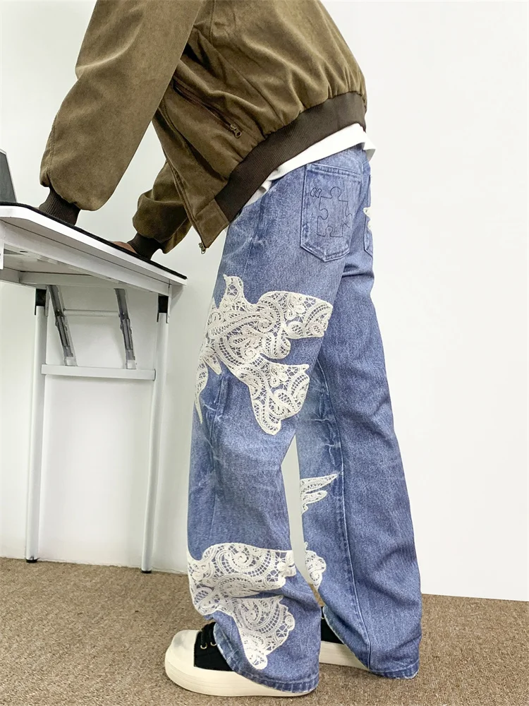 

American Waed Lace Splicing Jeans Men's Women's Street Trend Design Loose Casual Long Pants Couple Pants Youth Faion