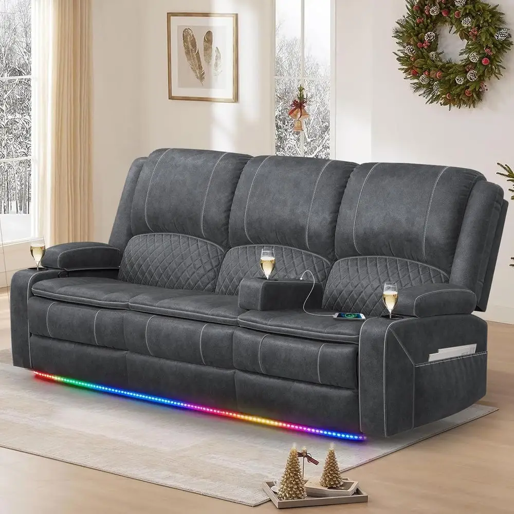 

3 Seater Reclining Sofa with Cup Holders and USB Ports, Velvet Fabric Home Theater Couch for Living Room or RV (Grey)
