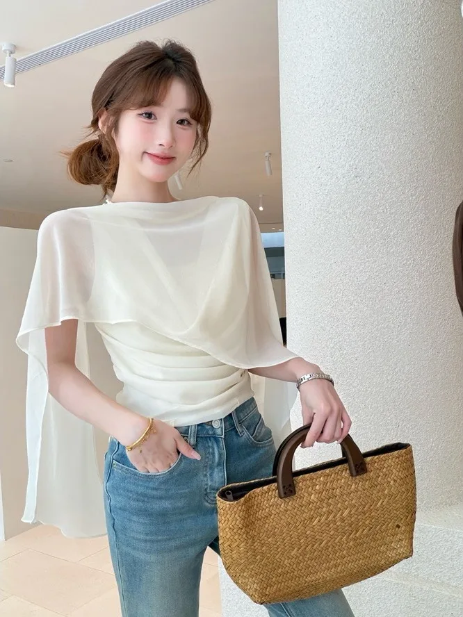 

Элегантная женская шифоновая блузка в простом стиле для весны и лета, универсальный топ, стройнящий фигуру, с эффектом высокого качества, дышащий, комфортный, из полиэстера.