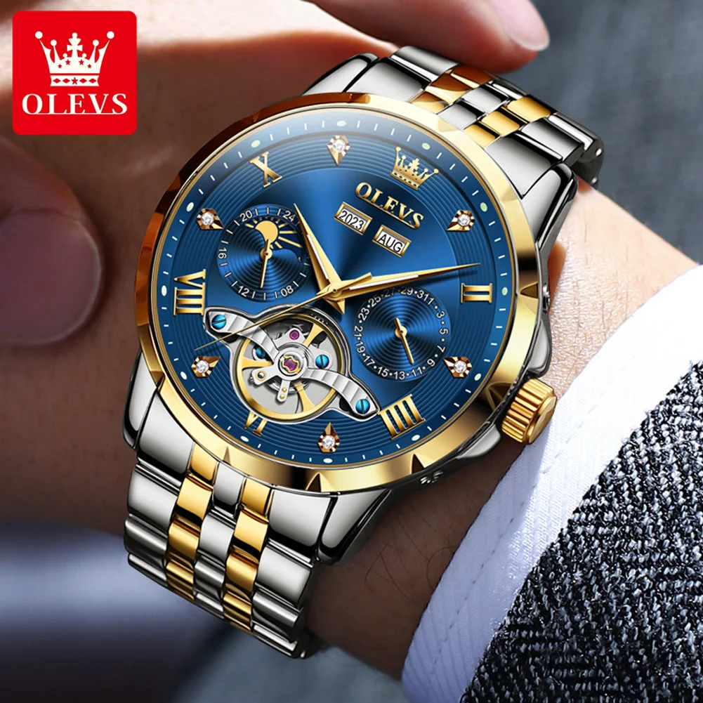 OLEVS 6691 Flywheel Men\'s Watches Bicolor Stainless steel Luxury Automatic Wristwatch Waterproof Moon phase Mechanical Watch Man