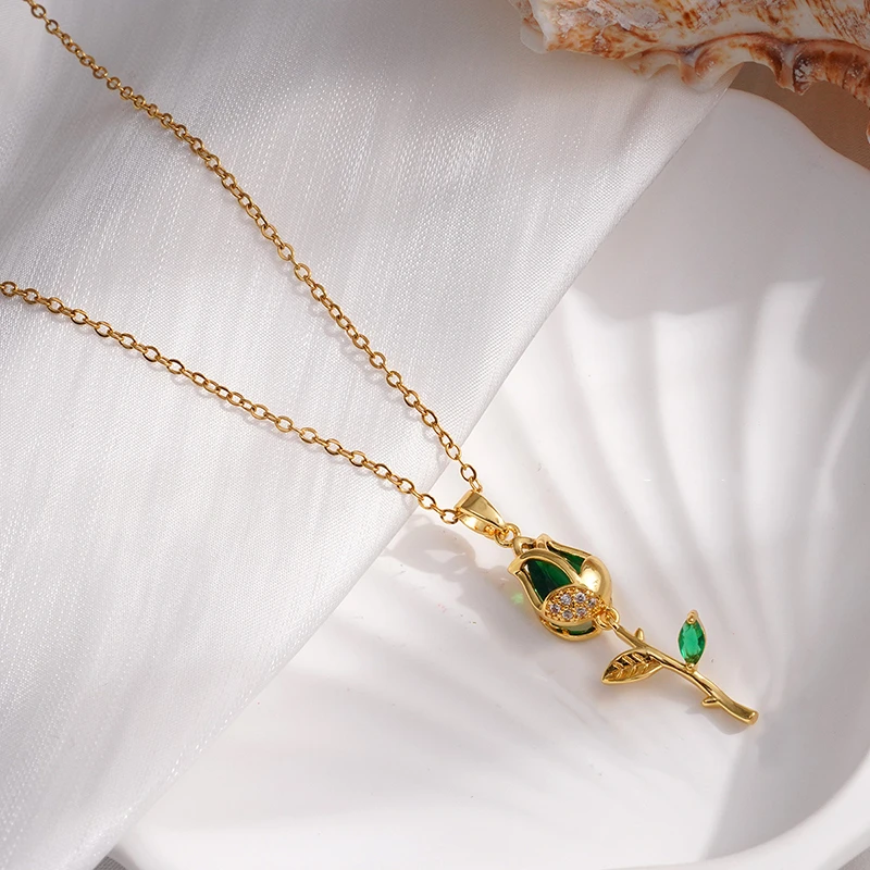 Edle Edelstahl-Tulpenanhänger-Halskette für Damen Elegante Goldfarben-Kette Blumen-Halskette Glücksbringer-Schmuck Geschenk – Detail 11